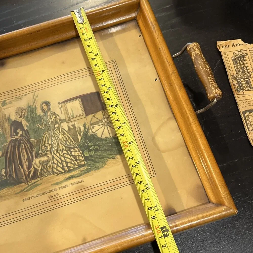 ANTIQUE GODEY LADIES Fashion Print Tray Vanity Service Wooden Glass